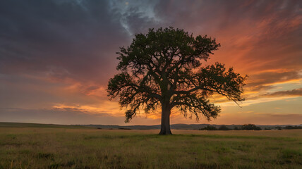 Fototapeta premium A single tree standing tall in the middle of a vast grassland under a fiery sunset sky