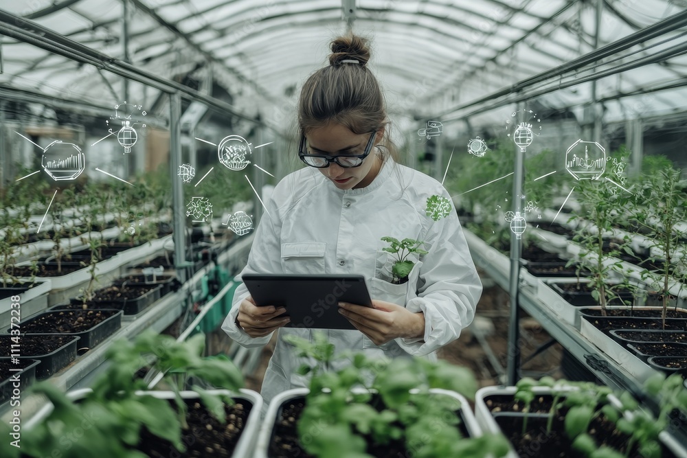 Poster Conceptual image of modern agricultural science and technology. Farm researchers working with IOT technology underneath.