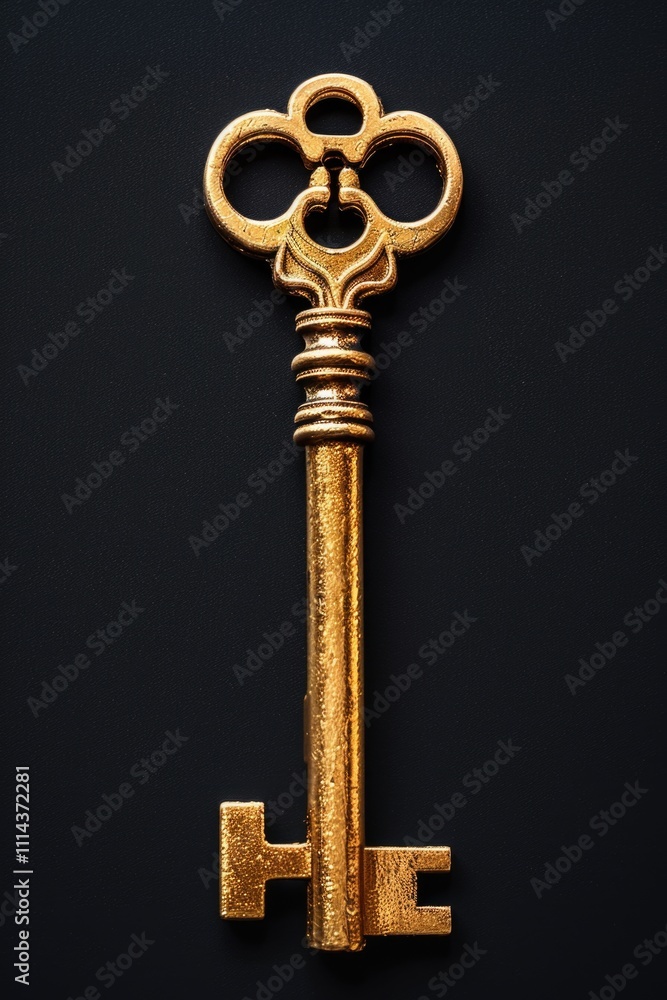 Poster a single golden key sits on a dark background, perfect for use as an icon or symbol