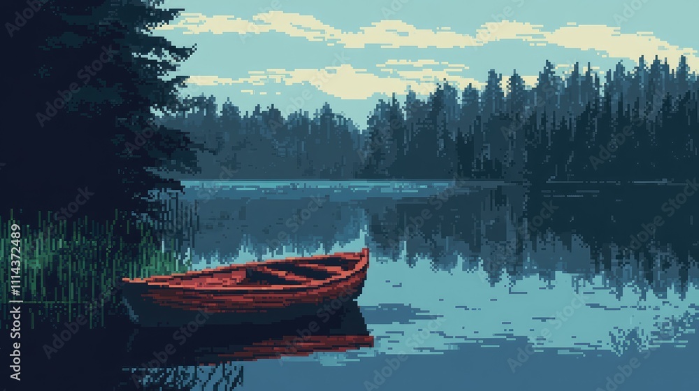 Poster a simplistic, minimalist pixel art rendering of a boat on a lake with only a few colors used to crea