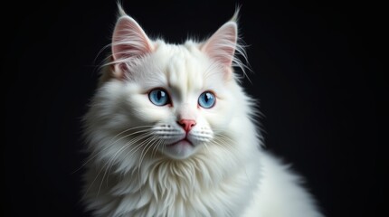 Fototapeta premium portrait of a white fluffy cat with blue eyes on a black background