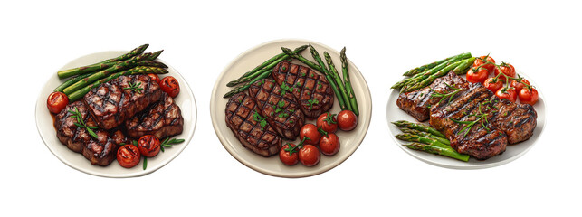 Naklejka premium Grilled Steak with Asparagus and Tomatoes on Plates