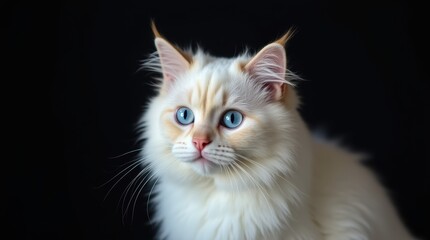 Fototapeta premium portrait of a white fluffy cat with blue eyes on a black background