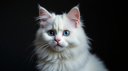 Fototapeta premium portrait of a white fluffy cat with blue eyes on a black background