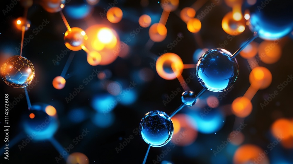 Poster Molecular structures and neural networks portrayed in a futuristic digital graphic, illustrating biotechnology and scientific breakthroughs.