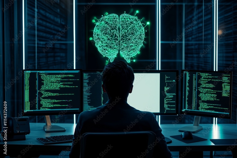 Poster An employee solves tasks on an embedded computer in the server hub storing deep learning data on a green screen computer in a data center with stock tech.