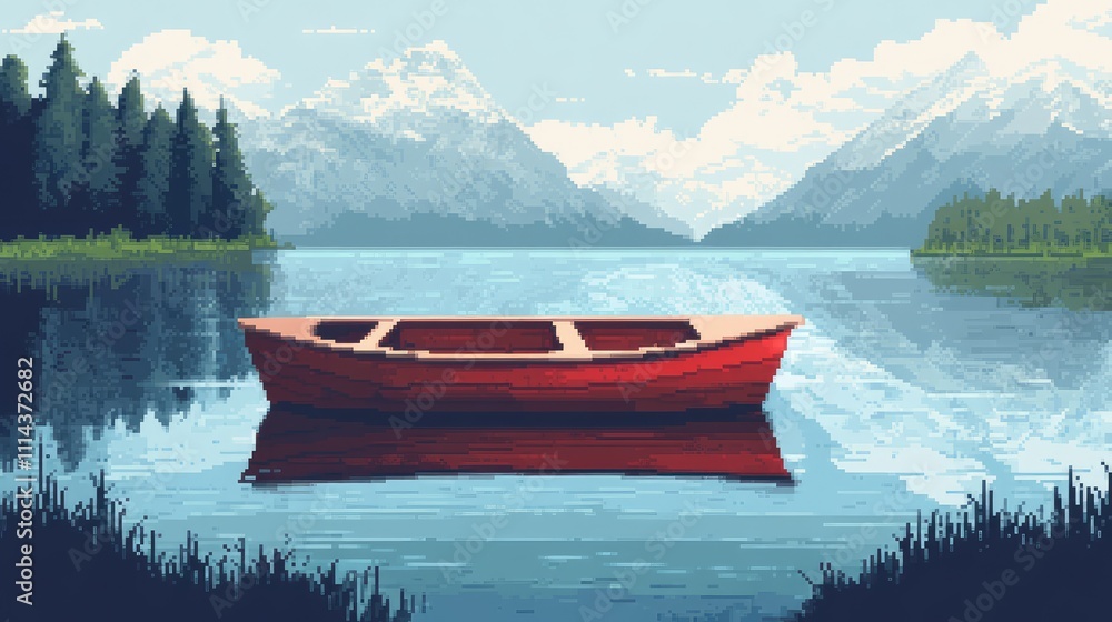 Poster a simplistic, minimalist pixel art rendering of a boat on a lake with only a few colors used to crea