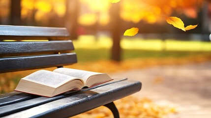 Open book rests on park bench autumn leaves fall