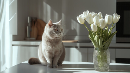British shorthair cat sitting near a vase of white tulips on a sunlit kitchen counter, concept of elegance and cozy home decor.
