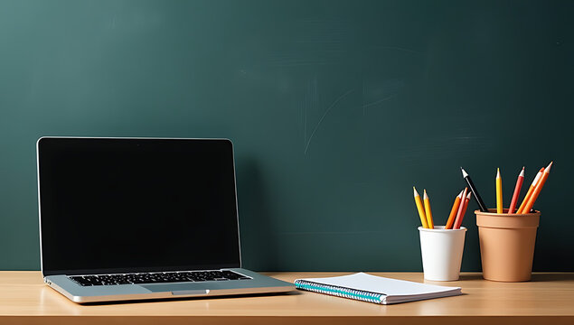 A desk setup featuring a laptop and educational supplies on a blackboard background, ideal for showcasing products or messages._00001_