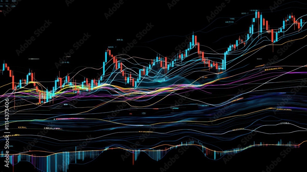 Aufkleber Abstract financial data visualization with colorful lines and candlestick charts on a dark background.