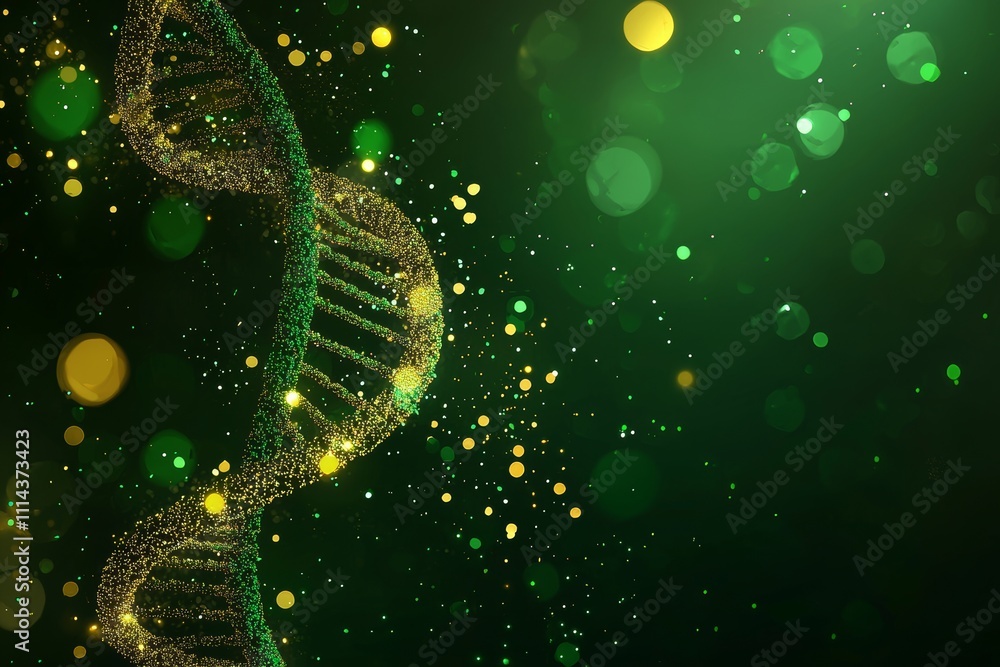 Poster Representation of DNA structure with glowing particles in the background designed to illustrate genetics and biotechnology concepts