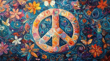 Colorful peace symbol surrounded by vibrant flowers and butterflies in a warm design