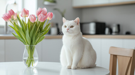 White British shorthair cat sitting beside a vase of pink tulips on a table in a bright modern kitchen, concept of elegance and serene home decor