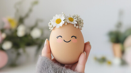 Cute Easter egg with a smiling face and daisy flower crown held by hand, concept of festive joy and creative decor.