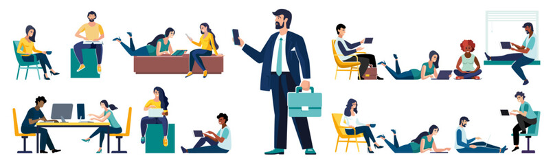 Obraz premium Flat vector illustration. Set of business people sitting in the process of work. Diverse men and women solving business problems, work assignments, explaining presentation, clerks doing office tasks