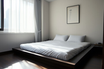 Clean and simple bedroom with a low platform bed, white linens, and a single piece of art hanging above, perfect for relaxation.
