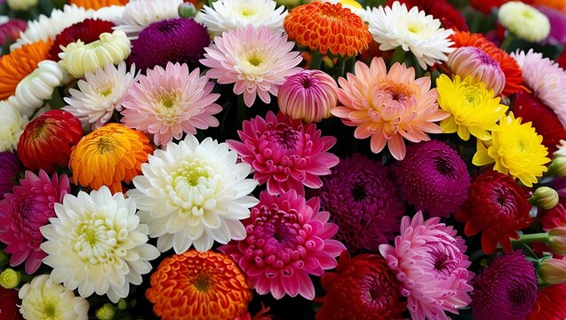 Colorful beautiful dahlia flowers, wallpaper backdrop. Pink red Dahlia flowers with rain drops, top view wallpaper background. Blossoming dalias bloom , flatlay