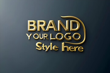 3D logo design with "BRAND YOUR LOGO IN Vector Style here" text in golden letters on dark gray background. High-resolution, highly detailed for a professional logo presentation.