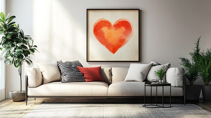 Love heart frame on a sunny living room wall, modern decor, warm and cool color contrast