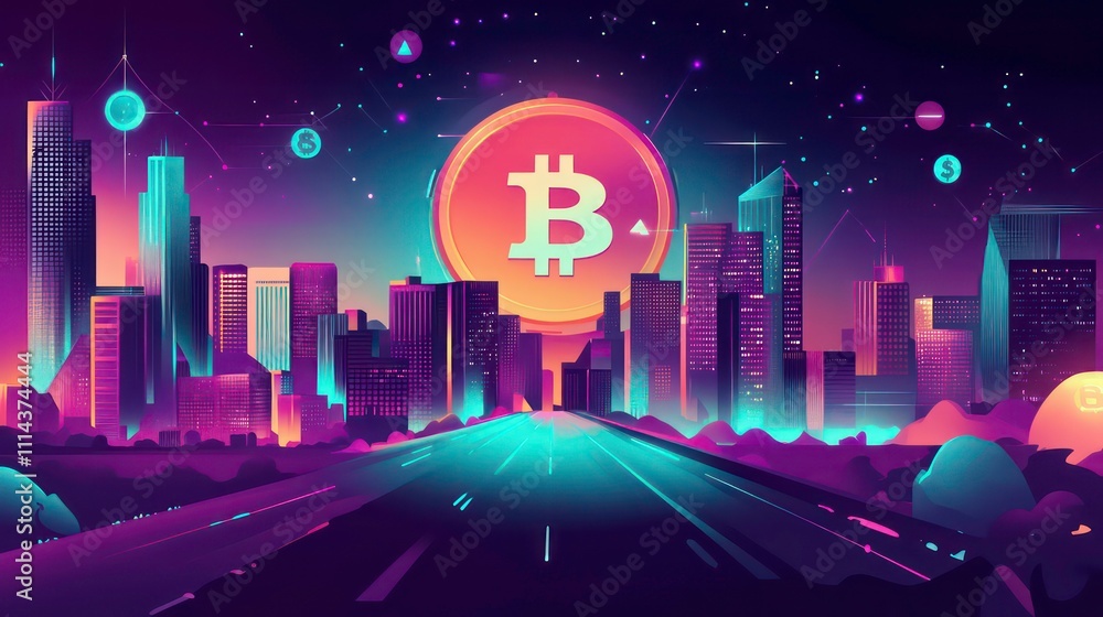 Poster a dynamic design showing a futuristic city built on blockchain technology, symbolizing the future of