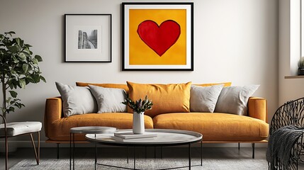 Love heart frame on a sunny living room wall, modern decor, warm and cool color contrast