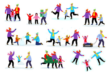 Set of illustrations Family enjoying winter activities together, celebrating the joy of the holiday season outdoors. Winter holidays, Christmas and New Year