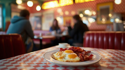 cozy diner interior featuring plate of eggs and bacon, inviting warmth