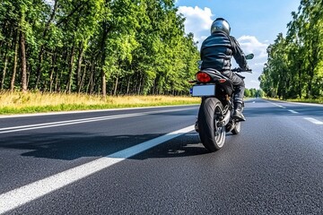 Obraz premium On a bright, sunny summer day, a handsome motorcyclist rides his cruiser bike along a beautiful road in black leather outfit