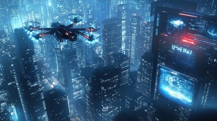 Drone flying over futuristic city at night.