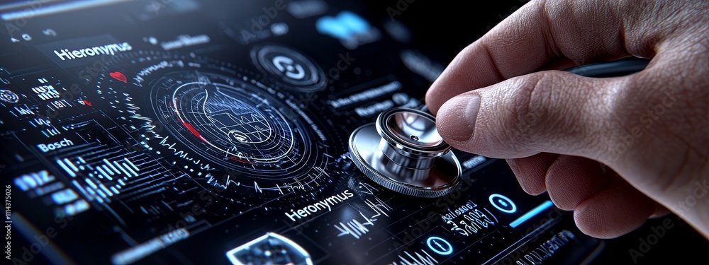 Poster a medical doctor with a stethoscope in hand interacts with a ui and an icon, representing the future