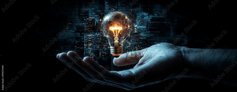 Poster a businessman with a light bulb illuminated by a mesh of light lines, symbolizing future technology,
