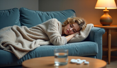 Obraz premium Sleeping woman , pills with water on the table