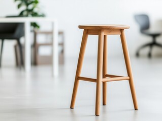 A simple wooden stool stands in a bright, modern space, showcasing minimalist design and functionality.