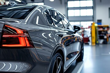 Obraz premium Premium window tinting service enhances sleek car appearance in workshop setting