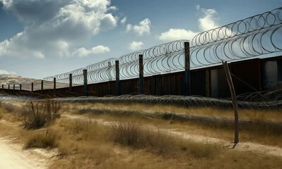 Border barrier stretches across arid landscape under a vibrant cloudy sky