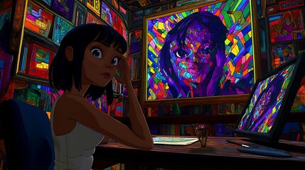 Obraz premium Young Woman Contemplating Colorful Abstract Artwork