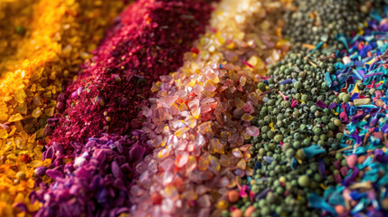 Obraz premium Vivid close-up of colorful spices, each grain and texture visible in high detail