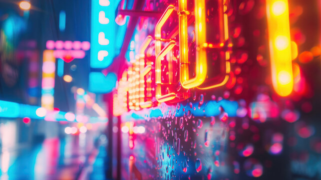 Vivid close-up of neon lights, capturing bold colors and reflections in high detail
