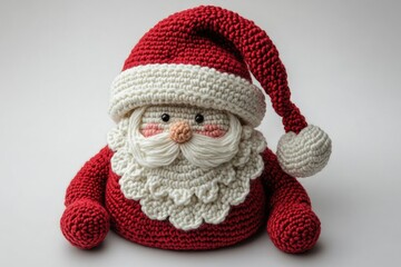 A handmade crocheted Santa Claus figurine sitting on a white surface