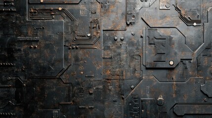 Naklejka premium Close up view of modern cyberpunk style steel wall material, Wallpaper background.