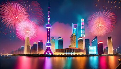 Spectacular Fireworks Illuminate the Vibrant Urban Skyline of a Modern Cityscape at Night