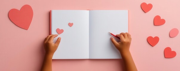 Obraz premium DIY gifts for Valentine's day. A child assembling a personalized scrapbook as a Valentine s Day gift for a loved one