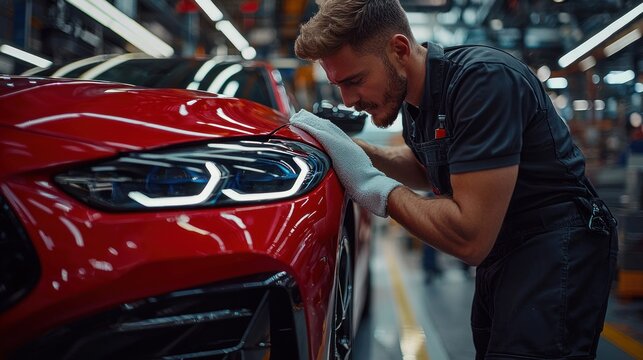 A meticulous car detailer inspects a gleaming red automobile,