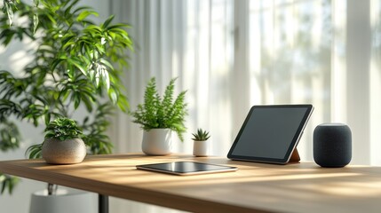 Fototapeta premium Minimalist Home Office Workspace Tablet Speaker Plants