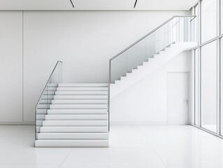 Fototapeta premium Elegant white staircase with glass side panels, minimal and modern design in a bright office space