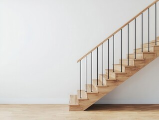 Simple wooden staircase with sleek black railings, minimal and elegant design for a refined office environment