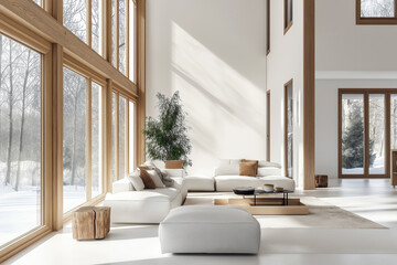 Spacious living room with white walls, minimalist furniture, and large windows allowing natural light, featuring wooden accents.