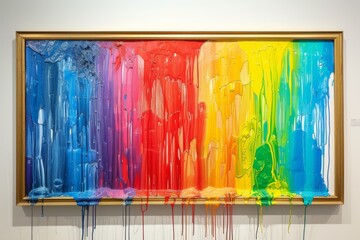 Colorful abstract fluid art paintings with vibrant swirls and drips in gold frames on wall, showcasing dynamic and creative expressions