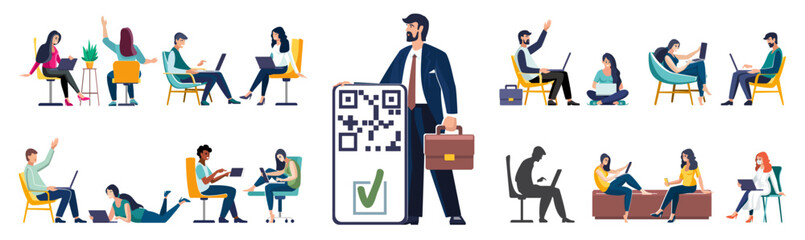 Flat vector illustration. Set of business people sitting in the process of work. Diverse men and women solving business problems, work assignments, explaining presentation, clerks doing office tasks